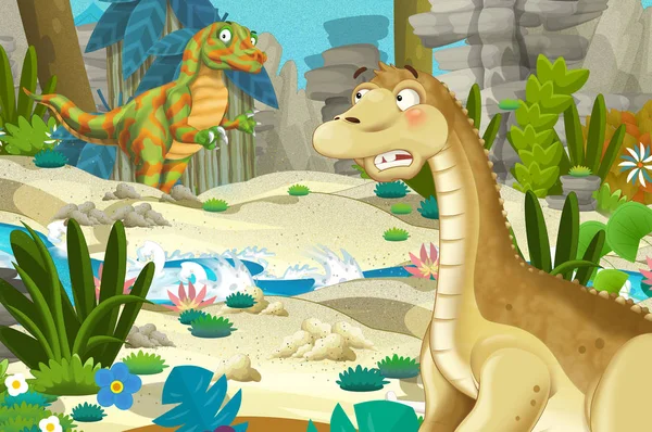 Tecknad Scen Med Dinosaurie Apatosaurus Diplodocus Med Någon Annan Dinosaurie — Stockfoto