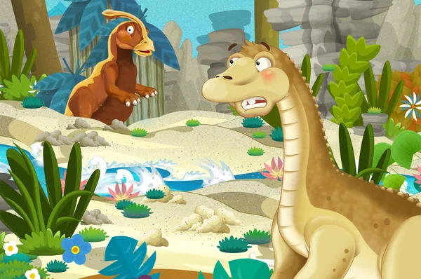 Cartoon Scene Dinosaur Apatosaurus Diplodocus Some Other Dinosaur Jungle Illustration — Stock Photo, Image