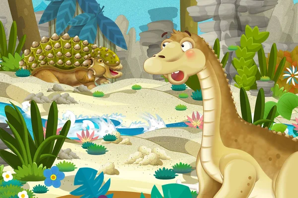 Cartoon Scene Met Dinosaurus Apatosaurus Diplodocus Met Een Aantal Andere — Stockfoto