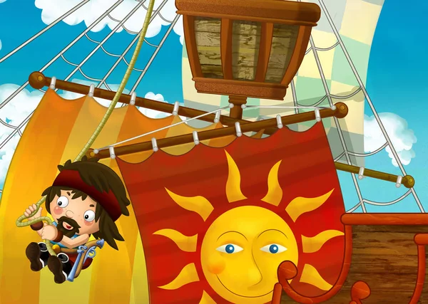 Γελοιογραφία Σκηνή Πειρατικό Πλοίο Ιστιοπλοΐα Μέσω Της Θάλασσας Πειρατές Στο — Φωτογραφία Αρχείου