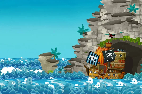 Мультяшная Сцена Пиратским Кораблем Плывущим Морям Иллюстрация Детей — стоковое фото