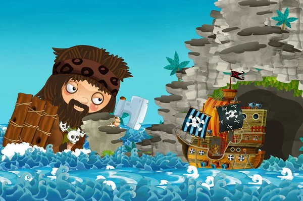 Cena Dos Desenhos Animados Com Navio Pirata Navegando Pelos Mares — Fotografia de Stock