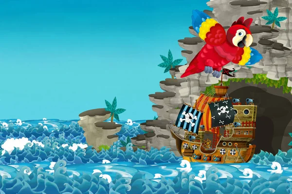 Cartoon Scène Met Piratenschip Zeilen Door Zeeën Illustratie Voor Kinderen — Stockfoto