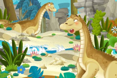 Dinozor apatosaurus diplodocus ile birlikte ormanda başka bir dinozorun olduğu karikatür sahnesi - çocuklar için çizim