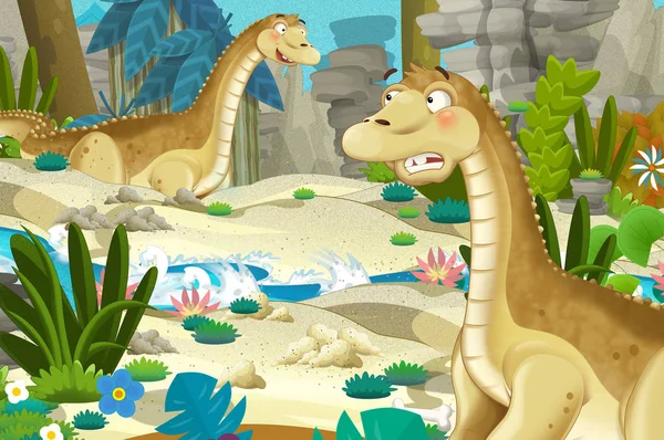 Σκηνή Κινουμένων Σχεδίων Τον Δεινόσαυρο Απατόσαυρο Diplodocus Κάποιο Άλλο Δεινόσαυρο — Φωτογραφία Αρχείου