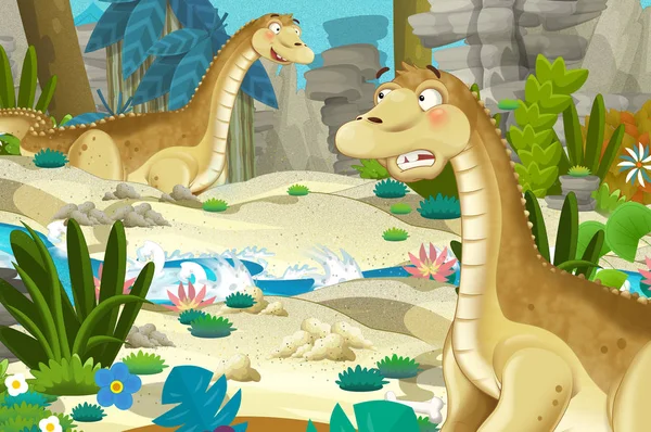 Cartoon Scene Met Dinosaurus Apatosaurus Diplodocus Met Een Aantal Andere — Stockfoto