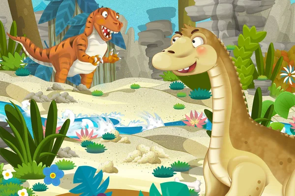 Cartoon Scene Met Dinosaurus Apatosaurus Diplodocus Met Een Aantal Andere — Stockfoto