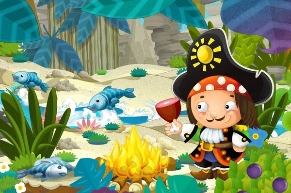 cartoon scene with pirate in the jungle with meat and fire eating - illustration for children