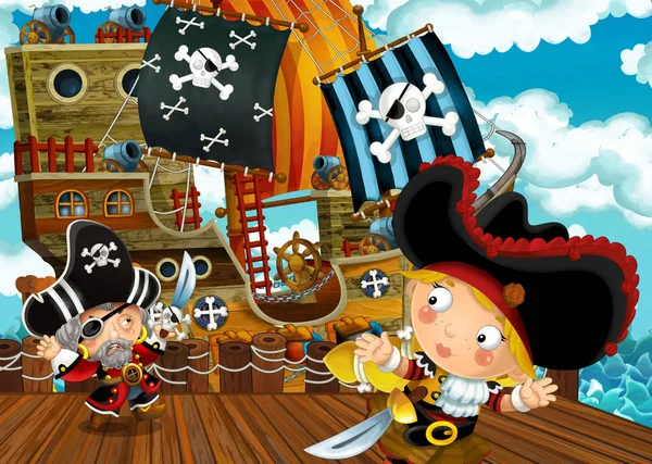 卡通场景与海盗帆船停靠 儿童插图 — 图库照片