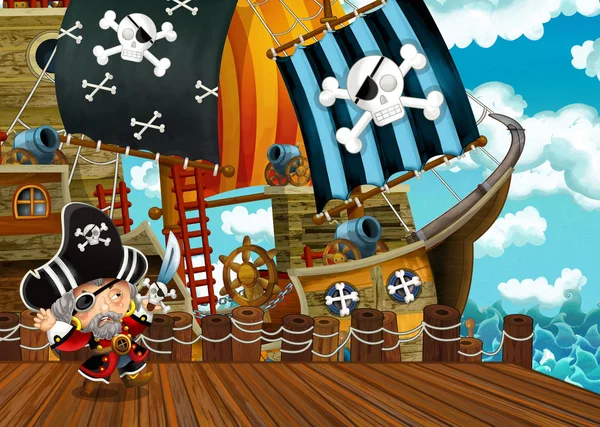 Мультяшна Сцена Піратським Вітрильним Кораблем Ілюстрація Дітей — стокове фото