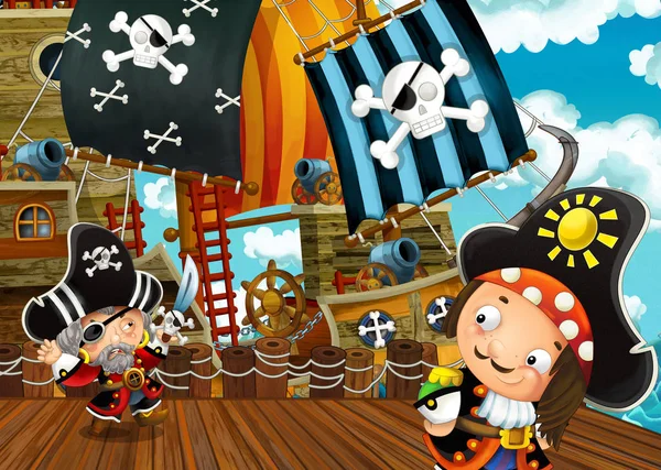 Escena Dibujos Animados Con Atraque Barco Vela Pirata Ilustración Para —  Fotos de Stock