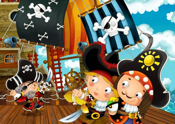 Мультяшная Сцена Стыковкой Пиратских Парусников Иллюстрация Детей — стоковое фото