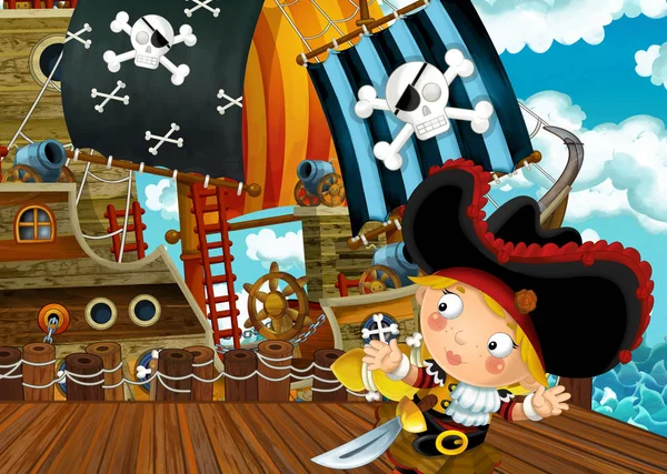 Escena Dibujos Animados Con Atraque Barco Vela Pirata Ilustración Para — Foto de Stock