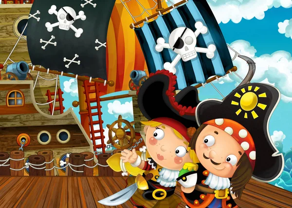 Kreslená Scéna Pirátskou Plachetnou Lodí Ilustrace Pro Děti — Stock fotografie