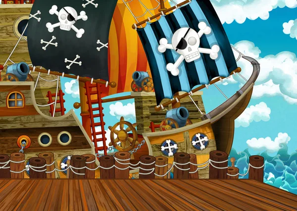 Cena Dos Desenhos Animados Com Barco Vela Pirata Docking Ilustração — Fotografia de Stock