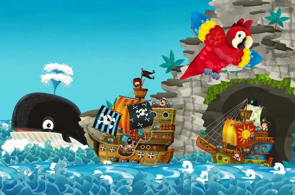 Cena Dos Desenhos Animados Com Navio Pirata Navegando Pelos Mares — Fotografia de Stock