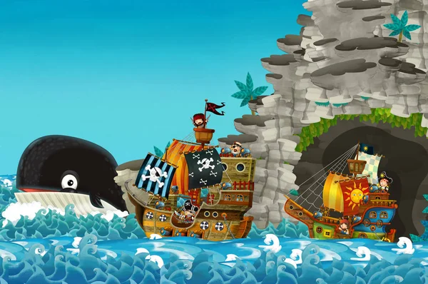 Escena Dibujos Animados Con Barco Pirata Navegando Través Los Mares —  Fotos de Stock