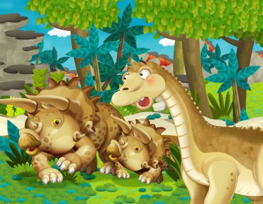 dinozor apatosaurus diplodocus ile film filmi sahne orman triceratops ve genç triceratops diğer bazı dinozor ile - çocuklar için illüstrasyon