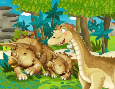 dinozor apatosaurus diplodocus ile film filmi sahne orman triceratops ve genç triceratops diğer bazı dinozor ile - çocuklar için illüstrasyon