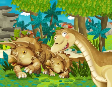 dinozor apatosaurus diplodocus ile film filmi sahne orman triceratops ve genç triceratops diğer bazı dinozor ile - çocuklar için illüstrasyon