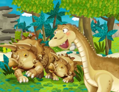 dinozor apatosaurus diplodocus ile film filmi sahne orman triceratops ve genç triceratops diğer bazı dinozor ile - çocuklar için illüstrasyon