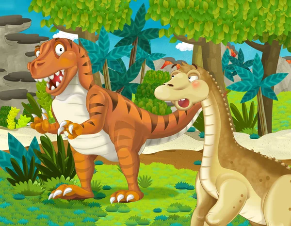 Cartoon Scene Dinosaur Apatosaurus Diplodocus Some Other Dinosaur Jungle Tyrannosaurus — Stock Photo, Image