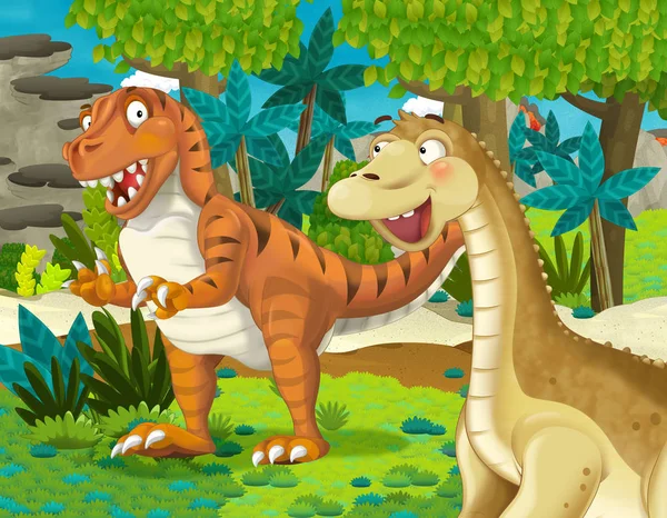 Cartoon Scène Met Dinosaurus Apatosaurus Diplodocus Met Een Aantal Andere — Stockfoto