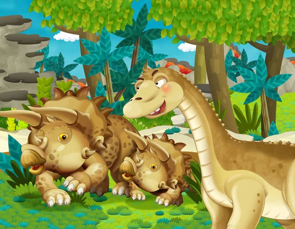 Cartoon Scène Met Dinosaurus Apatosaurus Diplodocus Met Een Aantal Andere — Stockfoto