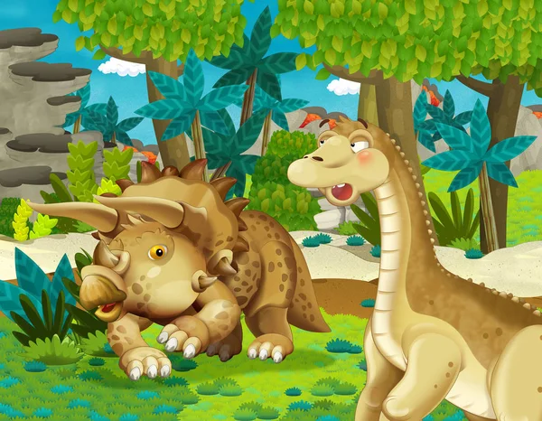 cartoon scene with dinosaur apatosaurus diplodocus with some other dinosaur in the jungle triceratops - illustration for children