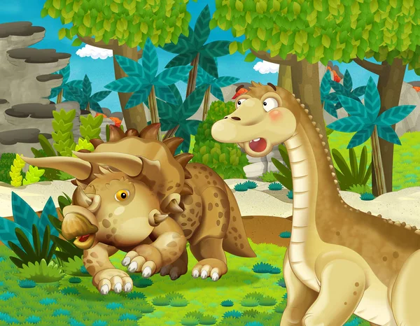 Tecknad Scen Med Dinosaurie Apatosaurus Diplodocus Med Någon Annan Dinosaurie — Stockfoto