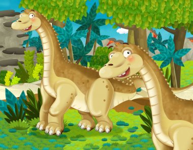 Dinozor apatosaurus diplodocus ile birlikte ormanda başka bir dinozorun olduğu karikatür sahnesi - çocuklar için çizim