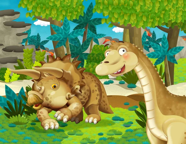 Мультяшная Сцена Динозавром Апатозавром Диплодоком Некоторыми Другими Динозаврами Джунглях Трицератопса — стоковое фото