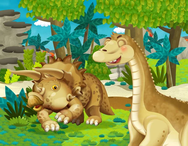 Мультяшна Сцена Дипломом Динозавра Апатозавра Деякими Іншими Динозаврами Джунглях Ілюстрація — стокове фото
