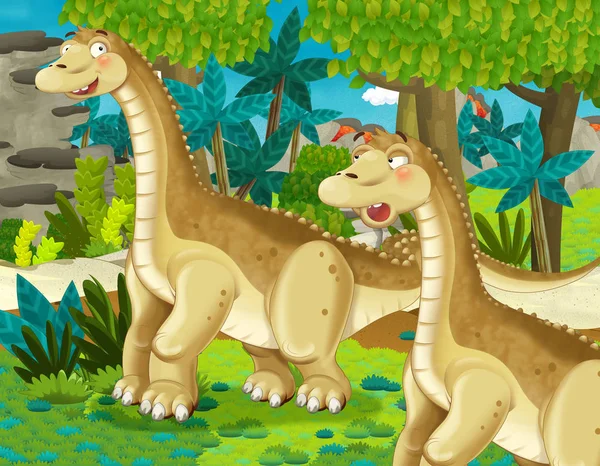 Dinozor Apatosaurus Diplodocus Ile Birlikte Ormanda Başka Bir Dinozorun Olduğu — Stok fotoğraf
