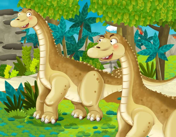 Tecknad Scen Med Dinosaurie Apatosaurus Diplodocus Med Någon Annan Dinosaurie — Stockfoto