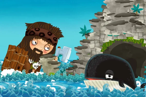 cartoon scene with happy and funny whale swimming near the cave encountering giant man - illustration for children