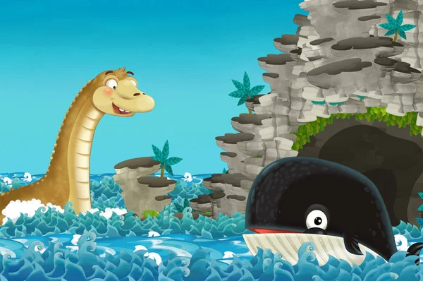 cartoon scene with happy and funny whale swimming near the cave encountering sea monster - illustration for children