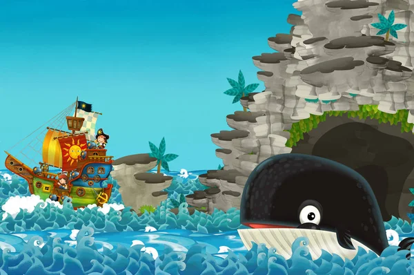 卡通场景与海盗船航行通过海洋遇到鲸鱼 插图为儿童 — 图库照片