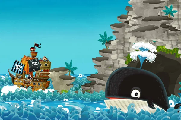 Zeichentrickszene Mit Piratenschiff Das Durch Die Meere Segelt Und Walen — Stockfoto