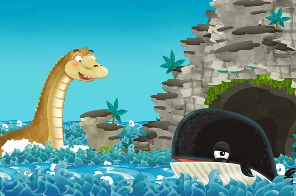 cartoon scene with happy and funny whale swimming near the cave encountering sea monster - illustration for children