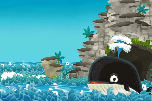 cartoon scene with happy and funny whale swimming near the cave - illustration for children