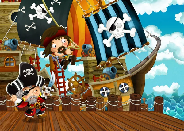 Cartoon Scene Pirate Sailing Ship Docking Illustration Children — Stock Photo, Image