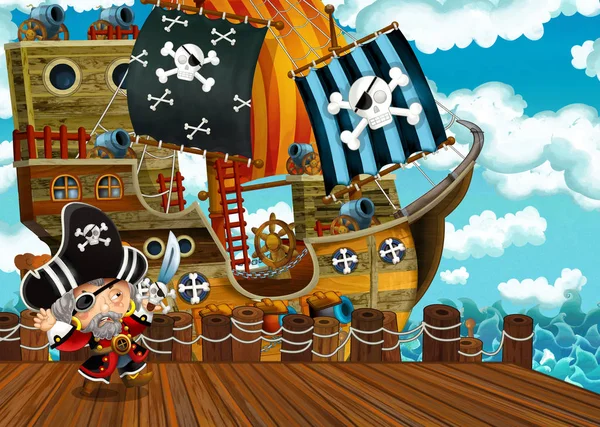 Scena Dei Cartoni Animati Con Attracco Navi Vela Pirata Illustrazione — Foto Stock