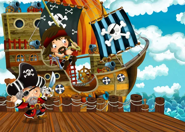 Escena Dibujos Animados Con Atraque Barco Vela Pirata Ilustración Para — Foto de Stock
