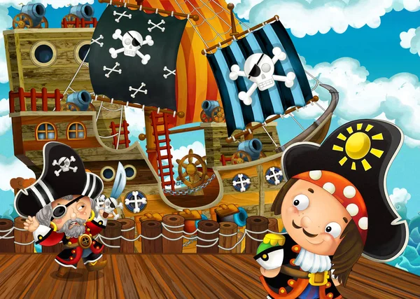 cartoon scene with pirate sailing ship docking - illustration for children