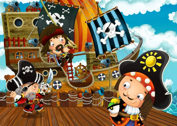 Cartoon Scène Met Piraat Zeilen Schip Docking Illustratie Voor Kinderen — Stockfoto