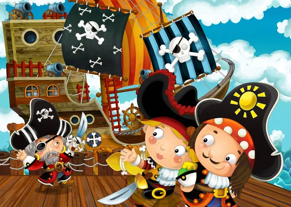 Cartoon Scène Met Piraat Zeilen Schip Docking Illustratie Voor Kinderen — Stockfoto