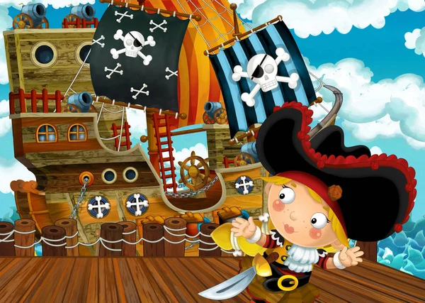 Escena Dibujos Animados Con Atraque Barco Vela Pirata Ilustración Para — Foto de Stock