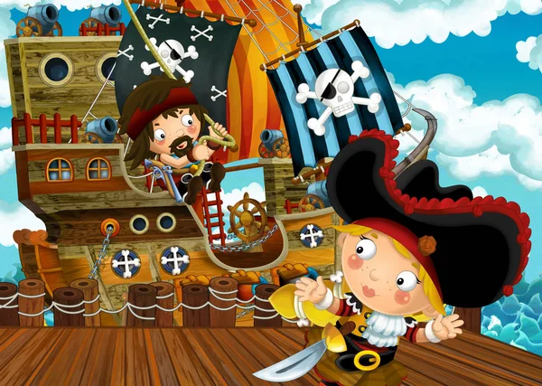 Cartoon Scene Pirate Sailing Ship Docking Illustration Children — Stock Photo, Image