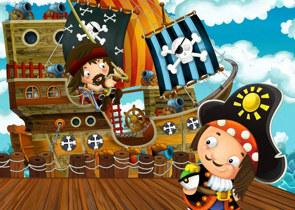 Scène Dessin Animé Avec Accostage Bateau Voile Pirate Illustration Pour — Photo